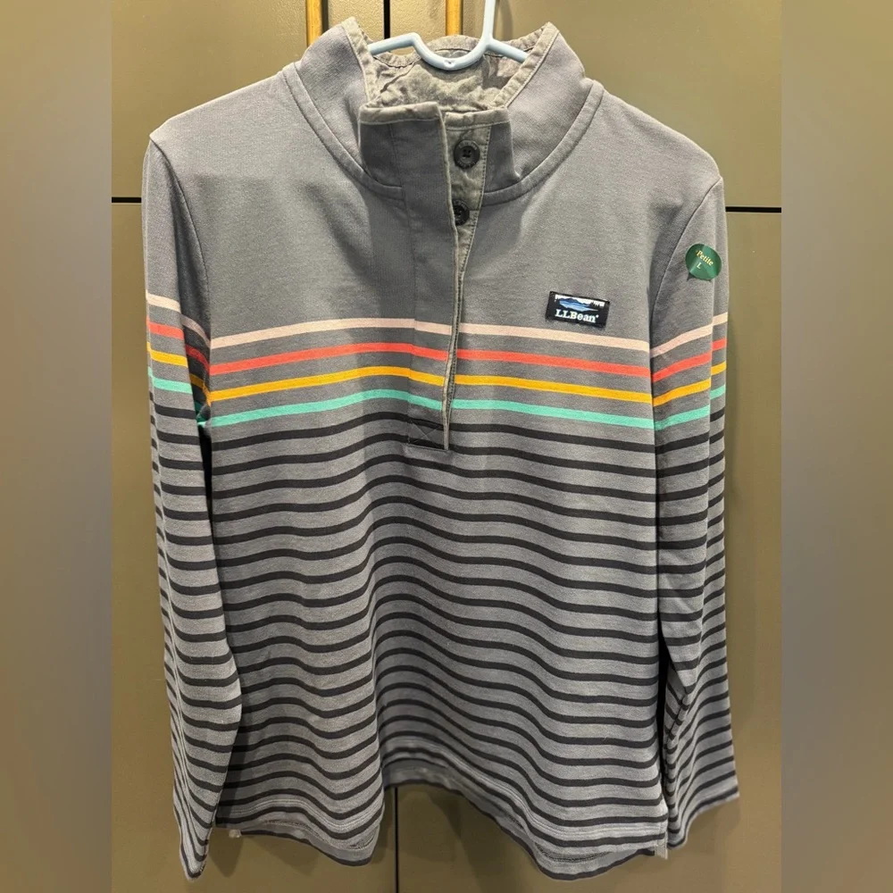 L.L. Bean Women's Lakewashed Double-Knit Quarter-Snap, Stripe Size LP- NWT